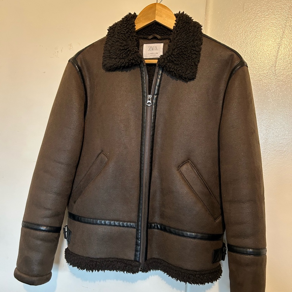 Brown Shearling Jacket with Black Trim